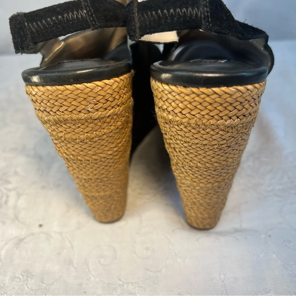 Rose Gold Shoes Lars Black Suede Peep Toe Woven 5” Wedge Heel Strap 37.5/7